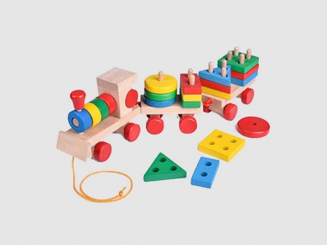 Montessori Wooden Train Toy, Shape Sorter and Stacking Wooden Blocks